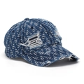Detailed view of blue distressed denim baseball cap with white wavy textures and ripped edges - One Size / Deep Blue Wave Texture Style(B)