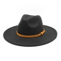 Detail of black wide brim wool fedora hat featuring a brown textured decorative band - M (56-58cm) / Black