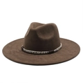 Classic dark brown suede fedora hat with a tricolor woven band and wide flat brim - M (56-59cm) / Suede / Coffee