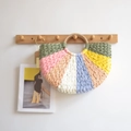 Handmade semi-circular colorful crochet woven straw bag with round handles and vibrant stripes - Multicolor (Dark Green Pink)