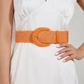 Bohemian orange woven elastic belt with matching C-shape buckle on a white dress - Orange