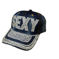 Dark blue denim baseball cap with SEXY rhinestone lettering and a diamond-encrusted brim - 62-SEXY Medium Blue-Medium Blue