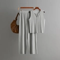 Close-up of light gray ribbed knit sleeveless top and wide-leg pants two-piece set - One Size / Gray
