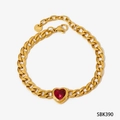 Golden heart-shaped red zircon cubic chain bracelet with lobster clasp and extension - Gold Bracelet + Red Zirconia (SBK390)
