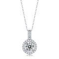 Klassische 925er Silber Halskette mit Einkaräter Moissanit Anhänger im Halo Design - (s925 Silber + Moissanit P9373-65/1 Karat/65 Mm) / Kettenlänge 40 Cm + 5 Cm (verlängerungskette)