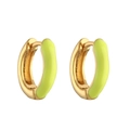 Detail of neon green enamel C-shaped hoop earrings with polished gold finish - Yellow