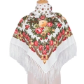 Detail of 90x90 ethnic floral scarf with red roses and decorative fringe edges - White & Red Floral