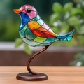 Artistic multi-colored stained glass bird figurine on a bronze metal branch stand - 1 Bird Ornament / Acrylic