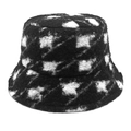 Close-up of thick plush teddy fleece bucket hat featuring black and white houndstooth pattern - M (56-58cm) / Black Plaid