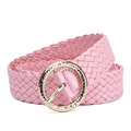 Pink woven PU leather wide belt with golden textured round buckle for women outfits - Pink
