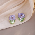 Detailed macro view of French vintage square pearl earrings with green and purple enamel - Purple Green Enamel Gold Rhinestone (E3066-1)