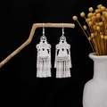 Vintage silver bohemian earrings with long tassels and flower charms on wooden branch - Ethnic Style Long Tassel Style (E3598)