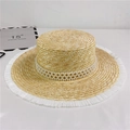 French straw boater hat with pearl ribbon and frayed edges for summer vacation sun protection - M (56-58cm) Adjustable / Beige with White Fringed Pearl