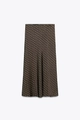 Polka dot satin midi skirt in deep olive with high waist and silky draping texture - XS / Coffee Polka Dot