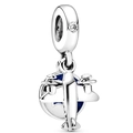 Silver airplane charm with blue enamel background and sparkling cubic zirconia stone - Airplane Enamel Backdrop (Airplane Series) / Silver Blue