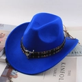 Koningsblauwe wollen fedora hoed met etnische geweven band en zilveren stierkop ornament - Eén maat 57-58cm / Tibetaanse Stof Koeienschedel Decoratie / Saffierblauw