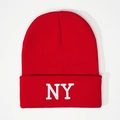 Classic red knit beanie with white NY embroidery and foldable cuff for winter warmth - One Size / Red