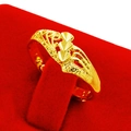 Elegant gold-tone open ring featuring three hollow hearts on red velvet display - Three-Heart Hollow (J111513)