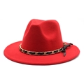 Detail of red wool fedora featuring gold chain and black leather bow decoration - M (56-58cm) / Red