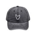 Casquette de baseball en coton gris foncé lavé avec broderie cœur blanc style rétro - Noir et Gris