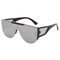 Moderne schwarze Oversize-Shield-Sonnenbrille mit silbernen verspiegelten Gläsern und Bügeln - Schwarzer Rahmen Silberne Verspiegelte Gläser