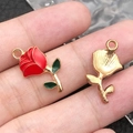 DIY rose alloy flower charm with red enamel finish and gold metal back detail - 1Pc Red Rose 12x23mm