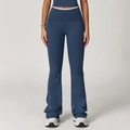 Donkerblauwe flared yoga broek met hoge taille en witte contrasterende band - S / Marineblauw