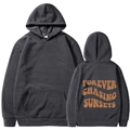 Dark gray drawstring hoodie featuring Forever Chasing Sunsets back print and front pocket - S / Dark Gray