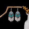 Bohemian silver earrings with blue turquoise beads and delicate metal feather tassels - Silver + Turquoise Blue + Feather (E5811-2/Green)