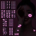 Fluoreszierende rosa Tattoo Aufkleber mit Herz und LOVE Motiven für Party Glow Effekte - YQ011-020 Leuchtend Pink Set
