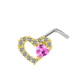 Primer plano de piercing de nariz corazón con piedra rosa y circonitas brillantes - Estilo Corazón Rosa Dorado (#2)