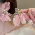 Pendientes de borla de flor de tela rosa con aguja de plata y cristales para mujer - Flor rosa de hada retro francesa (30#)