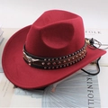 Wine red wool felt cowboy hat with leather rivet band and silver bull head ornament - One Size 57-58cm / White Bull Head with Three-Row Studs / Burgundy