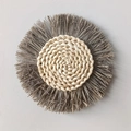 Bohemian round straw wall decor with beige woven center and grey fringe tassels - Grey Tassel Style (18cm)