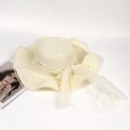Elegant wide-brim straw sun hat with pearls and lace trim for women beach vacation - Off White