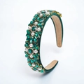 Vintage dark green velvet padded headband with emerald crystals and white pearls - Green