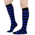 Detail showing blue and black striped knee-high socks with high elastic knit texture - Straight Without Heel / Royal Blue And Black Wide Stripe