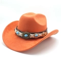 Macro detail of turquoise beads and metal disks on an orange suede cowboy hat band - M (56-59cm) / Orange Yellow Faux Suede