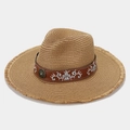 Macro shot of embroidered floral ribbon and turquoise buckle on straw sun hat - One Size / Khaki