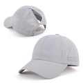Close-up of laser-cut ventilation holes and ponytail hole on a light grey quick-dry cap - Adjustable / Light Gray