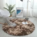 Detail of round fluffy plush rug with brown tie-dye pattern in a cozy Nordic room setting - 80*80cm / Gradient Coffee