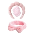 Pink plush sponge headband set with bow hairband and wristbands for face washing - Velvet Pink Series Set (16#) / Set of 4