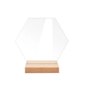 Detail view of hexagonal clear acrylic table number with natural wooden base stand - BT052 Small 8*7cm + Wooden Base