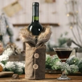 Brown herringbone wine bottle cover with faux fur collar and decorative wooden buttons - Stripe Style