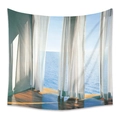 Tapisserie bohème avec vue sur mer, rideaux blancs et fenêtre sur l'océan bleu - Rideaux de Bord de Mer Frais (ZJ202148-1) / 73X95CM (Brossé Transfrontalier)