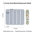 Detailed view of 5-cavity oval bookmark silicone mold with dimensions and resin sample - 5 Cavity Oval Blank Bookmark Mold
