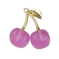Pink glitter cherry charm with golden leaves and stem for DIY jewelry making - 1Pc KC Gold Transparent Purple Glitter Resin 3D Cherry (30x28mm)