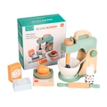 Wooden toy mixer playset for kids in mint green with kitchen accessories and packaging - Wooden Blender Mixer Set