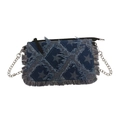 Navy denim crossbody bag with light blue star patterns and frayed fringe edges - Quilted Denim Blue