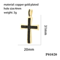 Pendaglio a croce hip hop con zirconi neri in rame placcato oro 18K, 31x20 mm - P01020-Zircone Nero